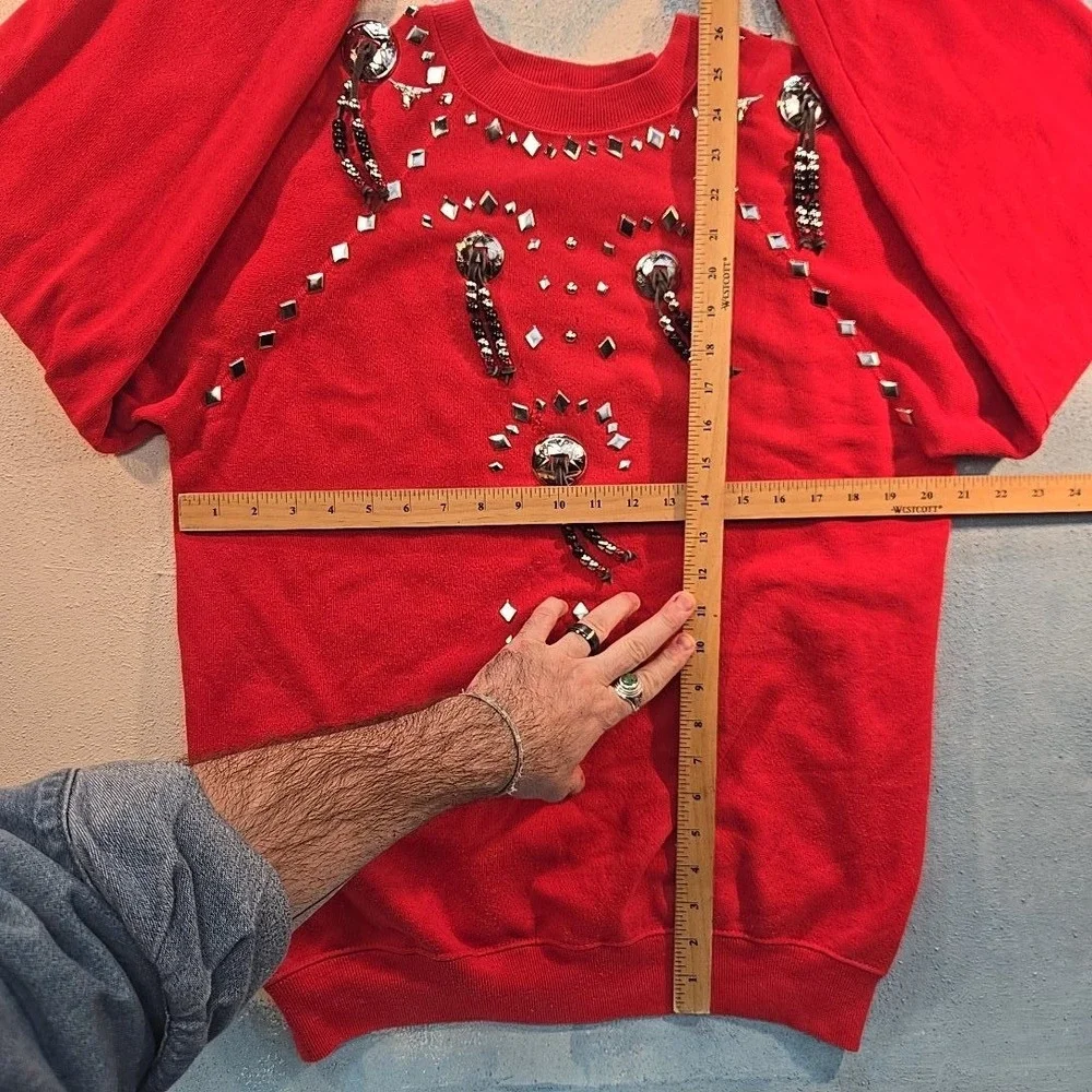 VTG Western Crewneck Red‎ Beaded Sweatshirt Longhorn Concho Studded USA 80s Sz M